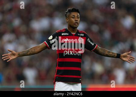 Rio De Janeiro, Brasile. 15 settembre 2024. RIO DE JANEIRO, BRASILE - 15 SETTEMBRE: BRUNO HENRIQUE dei Flamengo gesti durante la partita tra Flamengo e Vasco da Gama come parte del Brasileirao serie A allo stadio Maracana il 15 settembre 2024 a Rio de Janeiro, Brasile. Crediti: Ruano Carneiro/Alamy Live News Foto Stock