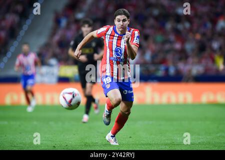 Madrid, Spagna. 15 settembre 2024. Julian Alvarez dell'Atletico gareggia durante la partita di calcio della Liga spagnola tra l'Atletico de Madrid e il Valencia CF a Madrid, Spagna, il 15 settembre 2024. Crediti: Gustavo Valiente/Xinhua/Alamy Live News Foto Stock