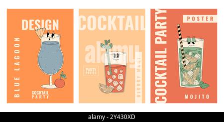 Il personaggio di Bloody mary, mojito, Blue Lagoon. Poster per feste d'estate rétro con popolare bevanda alcolica. Illustrazione vettoriale vintage stile anni '70, '80 Illustrazione Vettoriale
