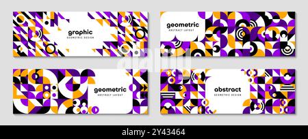 Striscioni orizzontali Bauhaus geometrici astratti con colori giallo, viola, nero e bianco, forme audaci e motivi intricati. Modelli di atterraggio sullo sfondo dinamici e contemporanei vettoriali Illustrazione Vettoriale