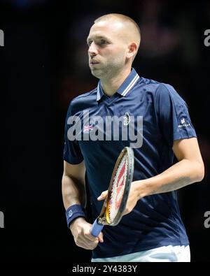 AO Arena, Manchester, Regno Unito. 15 settembre 2024. Finali di Coppa Davis, fase a gironi, gruppo D giorno 6; Daniel Evans della Gran Bretagna credito: Action Plus Sports/Alamy Live News Foto Stock