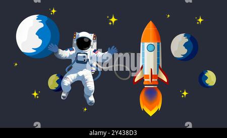Astronauta che vola nello spazio, astronauta spaziale a razzo, lancio della navicella spaziale a razzo nel cielo, astronauta disegnato a mano in tuta spaziale che vola nella spac Foto Stock