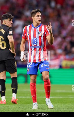 Madrid, Spagna. 15 settembre 2024. Giuliano Simeone dell'Atletico Madrid gesta durante la partita di calcio della settimana 5 della Liga EA Sports 2024/2025 tra l'Atletico Madrid e il Valencia CF all'Estadio Civitas Metropolitano. Punteggio finale: Atletico Madrid 3 : 0 Valencia CF (foto di Federico Titone/SOPA Images/Sipa USA) credito: SIPA USA/Alamy Live News Foto Stock