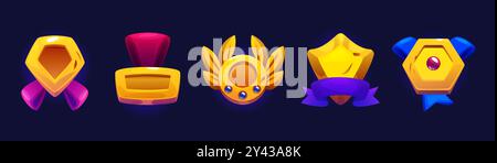 Le icone di classifica Golden del gioco sono isolate sullo sfondo. Illustrazione vettoriale di medaglie rotonde ed esagonali, scudo lucido, distintivi decorati con alloro, nastri e pietre preziose, trofeo vincitore Illustrazione Vettoriale