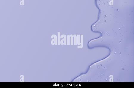 Flusso di gel liquido su sfondo blu. Illustrazione vettoriale realistica della consistenza del siero viola, lozione per la cura della pelle con bolle d'aria o d'olio, spruzzi di prodotto cosmetico con collagene o acido ialuronico Illustrazione Vettoriale