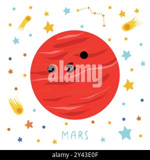 Sistema solare di pianeti per bambini. Marte con la faccia dei cartoni animati. Illustrazione vettoriale. Pianeta dei cartoni animati. Illustrazione Vettoriale