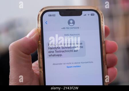 Hand hält ein Mobiltelefon mit einer WhatsApp -Nachricht, Die der Beginn eines Messengerbetrugsfall ist *** Hand tiene un telefono cellulare con un messaggio WhatsApp, che è l'inizio di un caso di truffa messaggera Nordrhein-Westfalen Deutschland, Germania 240916-1314 Foto Stock