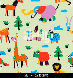 Colorato e simpatico modello di animali da safari Illustrazione Vettoriale