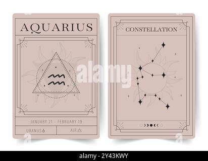 Acquario. Carte della stregoneria con segno zodiaco astrologico e costellazione. Poster moderni di astrologia boho. Perfetto per lettori di tarocchi e astrologi Illustrazione Vettoriale