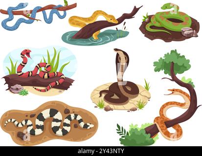 Habitat dei serpenti. Serpente sul ramo degli alberi o in acqua natura selvaggia, esotico rettile tropicale serpente pericolo giungla creatura anaconda pitone velenoso viper, ingegnosa illustrazione vettoriale opera d'arte originale Illustrazione Vettoriale