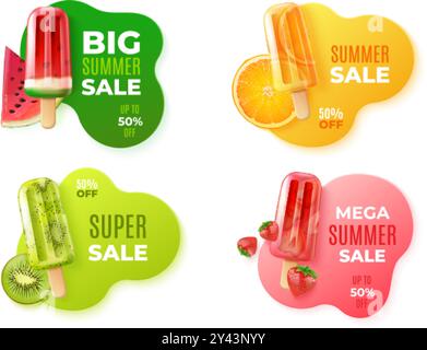 miglior prezzo estivo 3d. Brochure di vendita flash di papaveri di frutta e gelato realistici, prezzi di sole caldo offerta badge promozione astratta bolla promozione fine settimana, illustrazione vettoriale esatta grafica originale Illustrazione Vettoriale
