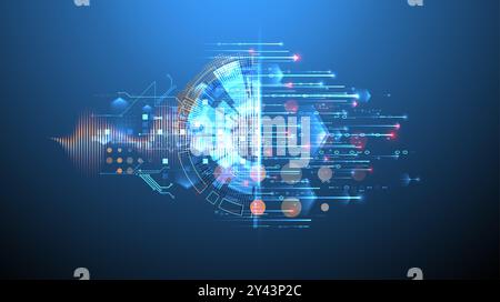 Analisi dei dati. Background scientifico e tecnologico. Un circolo tecno bisecato da cui emergono linee e numeri. Vettore fatto a mano. Illustrazione Vettoriale