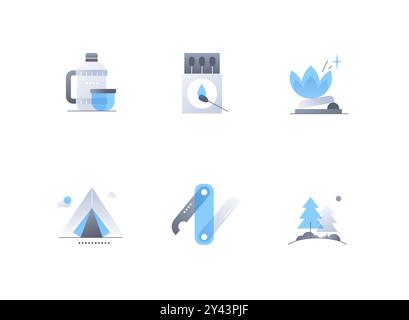 Escursioni e campeggio - set di icone in stile piatto Illustrazione Vettoriale