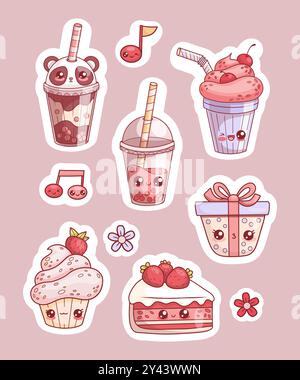 Carini adesivi per cibi dolci e bevande. Personaggio dei cartoni animati kawaii isolato. Torta natalizia e cupcake cremosa con fragole, tè in vetro e bicchiere Illustrazione Vettoriale