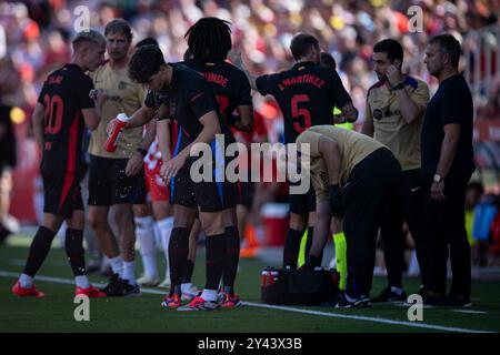 Girona, Spagna. 15 settembre 2024. Pau Cubarsi (FC Barcelona) gesti durante una partita della Liga EA Sports tra il Girona FC e il Barcellona all'Estadi Municipal de Montilivi. Girona FC 1 - FC Barcelona 4. Credito: SOPA Images Limited/Alamy Live News Foto Stock