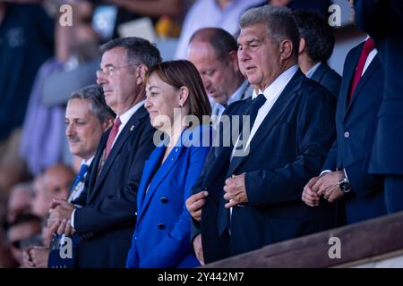 Girona, Spagna. 15 settembre 2024. il presidente del FC Barcelona Joan Laporta si è visto durante una partita della Liga EA Sports tra il Girona FC e il FC Barcelona all'Estadi Municipal de Montilivi. Girona FC 1 - FC Barcelona 4. (Foto di Felipe Mondino/SOPA Images/Sipa USA) credito: SIPA USA/Alamy Live News Foto Stock