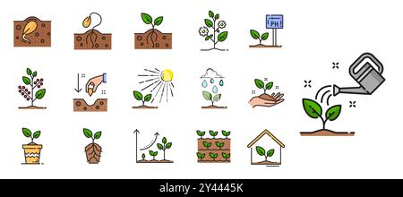 Icone della linea dei germogli delle piante, terreno con semi, ramoscelli e foglie verdi, agricoltura, orticoltura e agronomia. Il vettore di coltivazione di piante e alberi delinea i segni del terreno del giardino, dei germogli, delle piantine e degli alberelli Illustrazione Vettoriale