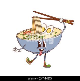Personaggio cartoni animati di ramen gotico con uova e bacchette, fumetto vettoriale. Piatto di noodles di ramen della cucina giapponese con faccia felice e sorriso divertente e gustoso della lingua per il cibo giapponese dei cartoni animati Illustrazione Vettoriale