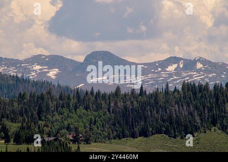 Montagne innevate che si innalzano sopra colline dense e boscose Foto Stock