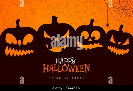 Happy Halloween Vector Illustration con Pumpkins dal volto spaventoso, Spider e scritte tipografiche su sfondo marrone scuro. Holiday Design per banner Illustrazione Vettoriale