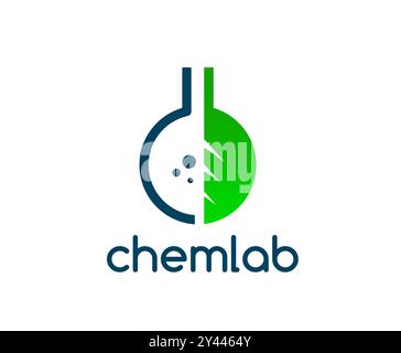 Icona del laboratorio scientifico per laboratori chimici, chimica e farmacia, emblema vettoriale. Fiasca per provette per analisi chimiche con foglia verde e bolle nell'icona del contorno per laboratorio clinico o azienda farmaceutica Illustrazione Vettoriale