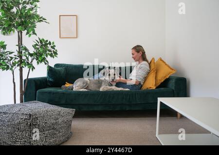 donna freelance che lavora su un portatile con il suo cane a casa Foto Stock