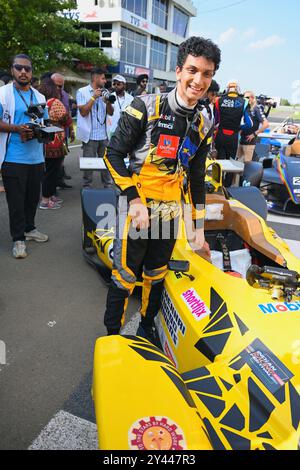 Chennai, INDIA. 15 settembre 2024. Mohamed Ryan di Chennai Turbo Riders festeggia la sua vittoria in gara 2 del terzo round dell'Indian Racing League a Chennai, INDIA. Crediti: Ranjith Kumar/Alamy Live News. Foto Stock