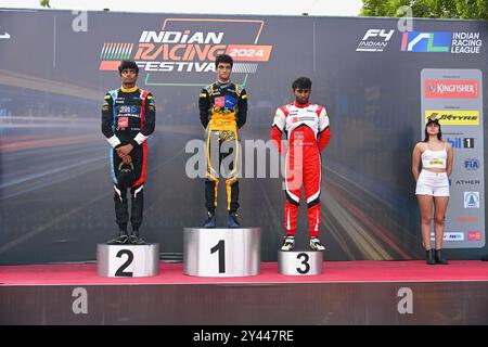 Chennai, INDIA. 15 settembre 2024. Mohamed Ryan di Chennai Turbo Riders festeggia la sua vittoria in gara 2 del terzo round dell'Indian Racing League a Chennai, INDIA. Crediti: Ranjith Kumar/Alamy Live News. Foto Stock