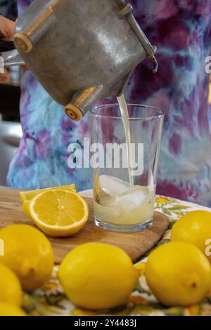 Il succo di limone viene spremuto in un bicchiere con i limoni tagliati nelle vicinanze Foto Stock