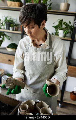 Un giardiniere cura amorevolmente le sue piante in un tranquillo studio. Foto Stock