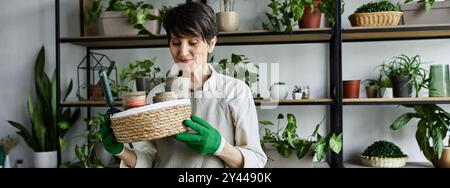 Un giardiniere cura amorevolmente le sue piante in un caldo e invitante studio. Foto Stock