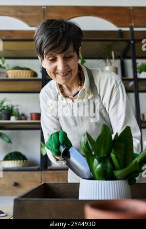 Una donna matura si prende cura amorevolmente delle sue vivaci piante da casa. Foto Stock