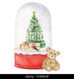 Composizione ad acquerello con globo di neve con albero di Natale decorativo, regali e orsacchiotto all'interno su sfondo bianco Foto Stock