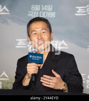 Lee Isaac Chung, 7 agosto 2024: Il regista Lee Isaac Chung partecipa a una conferenza stampa dopo un'anteprima stampa del film "Twisters" a Seoul, Corea del Sud. Crediti: Lee Jae-won/AFLO/Alamy Live News Foto Stock