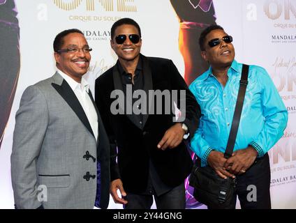 **FOTO FILE** Tito Jackson è morto. LAS VEGAS, NV - giugno 29: Marlon Jackson, Jackie Jackson e Tito Jackson nella foto arrivarono al Michael Jackson ONE Cirque Du Soleil World Premiere a Mandalay Bay il 29 giugno 2013 a Las Vegas, Nevada. Crediti: Erik Kabik Photography/MediaPunch Foto Stock