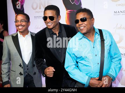 **FOTO FILE** Tito Jackson è morto. LAS VEGAS, NV - giugno 29: Marlon Jackson, Jackie Jackson e Tito Jackson nella foto arrivarono al Michael Jackson ONE Cirque Du Soleil World Premiere a Mandalay Bay il 29 giugno 2013 a Las Vegas, Nevada. Crediti: Erik Kabik Photography/MediaPunch Foto Stock