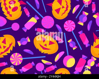 Zucche e caramelle senza cuciture. Zucca scolpita di Halloween con caramelle e lecca lecca. Jack-o-lanterna, trucco o dolcetto. Design per sfondi, wra Illustrazione Vettoriale