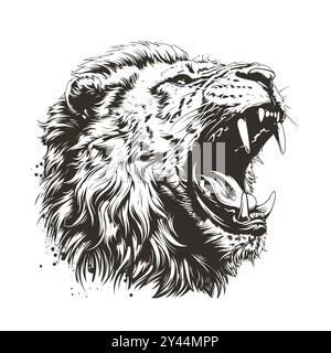 Vettore dettagliato in bianco e nero di testa di leone ruggente isolato. Perfetto per stampe, abbigliamento ed emblemi. Stile grunge ad alto contrasto. La grafica del predatore accanita cattura potenza e pericolo. Illustrazione Vettoriale