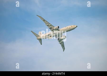 GOLD COAST, QUEENSLAND, AUSTRALIA, 16 AGOSTO 2024. Boeing P-8A Poseidon USA Navy antisommergibile, pattuglia marittima al Pacific Airshow. Foto Stock