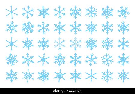 Collezione di icone dei fiocchi di neve azzurri. Silhouette piatta con fiocchi di neve. Per striscioni di Natale, biglietti, ornamenti di Capodanno, decorazioni. Illustrazione vettoriale Illustrazione Vettoriale
