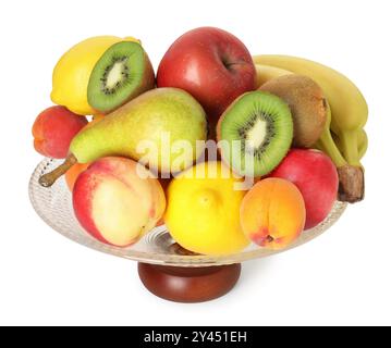 Vaso di vetro con frutta fresca diversa isolata su bianco Foto Stock