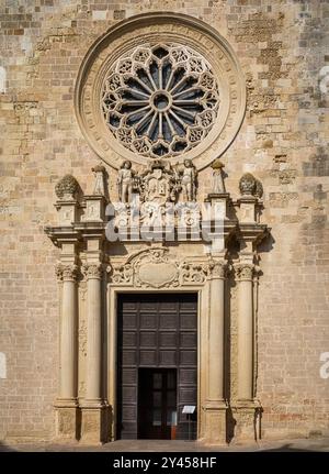 La porta e il rosone di fronte alla Cattedrale romanica di Otranto. La basilica cattolica risale all'XI secolo ed è situata a Otranto, Foto Stock