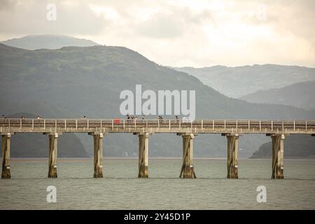 Persone che camminano sul Barmouth Bridge nella contea gallese di Gwynedd, il più lungo viadotto in legno del Galles, uno dei più antichi in uso regolare in Gran Bretagna. Foto Stock