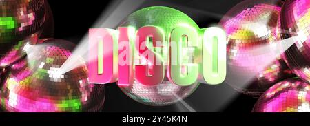Logo disco con testo argentato davanti alle sfere dello specchio - rendering 3D - banner Web Foto Stock