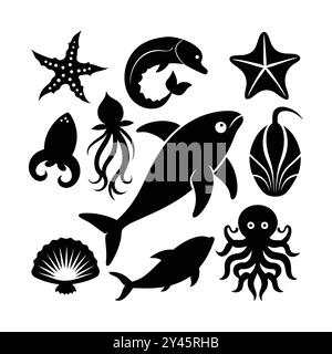 Icone minimaliste delle creature marine. Illustrazione Vettoriale