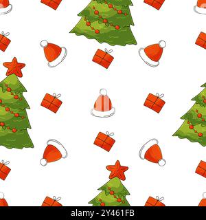 Vacanze di Natale. Motivo senza cuciture in stile disegno a mano. Alberi di Natale, cappelli, regali. Può essere utilizzato per tessuti Illustrazione Vettoriale