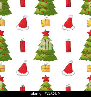 Vacanze di Natale. Motivo senza cuciture in stile disegno a mano. Alberi di Natale, cappelli, regali. Può essere utilizzato per tessuti e così via Illustrazione Vettoriale