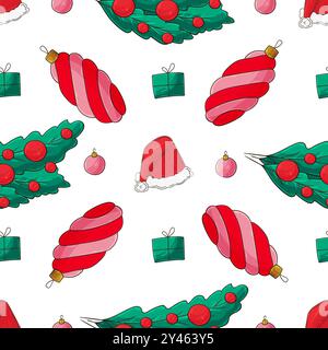 Vacanze di Natale. Motivo senza cuciture in stile disegno a mano. Alberi di Natale, cappelli, regali. Può essere utilizzato per tessuti, imballaggi, imballaggi e così via Illustrazione Vettoriale