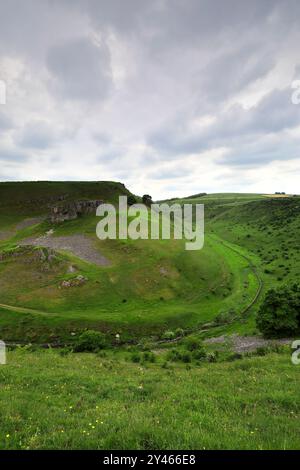 Vista estiva attraverso Cressbrook Dale, vicino al villaggio di Tideswell, Derbyshire, Peak District National Park, Inghilterra, Regno Unito Foto Stock