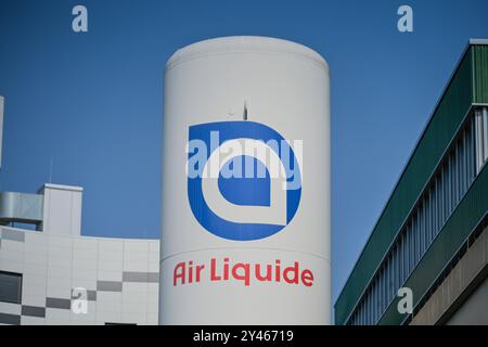 Gasbehälter, Air Liquide, uscendo da Magnusstraße, Adlershof, Treptow-Köpenick, Berlino, Deutschland Foto Stock